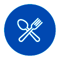 Una cuchara y un tenedor blancos cruzados dentro de un botón circular azul con un fino borde blanco.