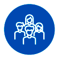 Grupo de cuatro siluetas simplificadas de avatares blancos dentro de una insignia circular azul, que representan a un equipo o una comunidad.