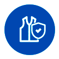 Icono circular azul que muestra el contorno de dos botellas y un escudo con una marca de verificación, lo que indica la seguridad o protección del producto.