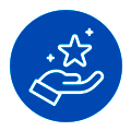 Una mano que sostiene una estrella brillante con destellos dentro de una insignia circular azul, que simboliza una recompensa o un logro