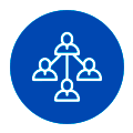 Icono circular azul que muestra un diagrama de red blanco con un usuario central conectado a tres usuarios más pequeños.