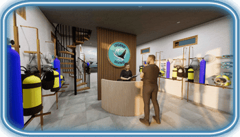 Recepción de tienda de buceo con logo "Legend Diving", mostrador central y equipos como botellas y trajes exhibidos, cliente hablando con el empleado.