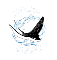 Manta raya negra y blanca nadando entre salpicaduras de agua azules con las palabras "LEGEND" arriba y "DIVING" abajo.