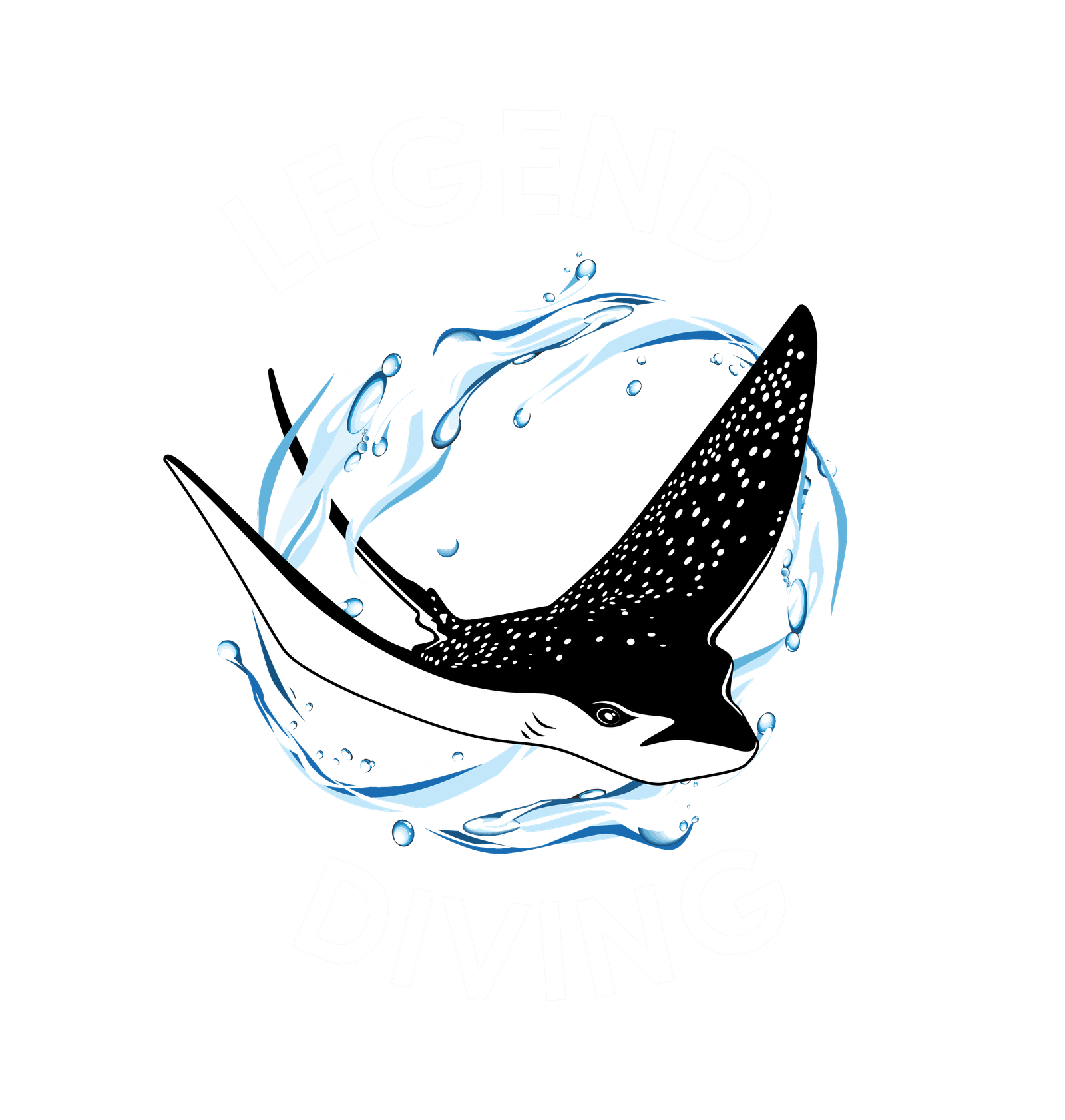 Logo-original-sin-fondo-blanco-Letras Manta raya negra y blanca nadando entre salpicaduras de agua azules con las palabras "LEGEND" arriba y "DIVING" abajo.